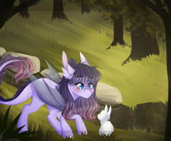 Size: 2000x1650 | Tagged: safe, artist:skimea, imported from derpibooru, oc, oc only, oc:eve, bat pony, pony, rabbit, female, mare, solo, tree