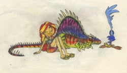 Size: 2324x1343 | Tagged: safe, artist:smcho1014, deleted from derpibooru, imported from derpibooru, sunset shimmer, oc, oc:wild sketchy, dinosaur, roadrunner, equestria girls, equestria girls series, bikini, clothes, colored pencil drawing, female, hybrid dinosaur, male, ostaposaurus, prone, road runner, sarong, sleeping, swimsuit, traditional art, trio