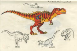 Size: 2208x1464 | Tagged: safe, artist:smcho1014, deleted from derpibooru, imported from derpibooru, oc, oc only, oc:wild sketchy, dinosaur, tyrannosaurus rex, colored pencil drawing, concept art, disguise, male, roar, size comparison, solo, traditional art, transformation