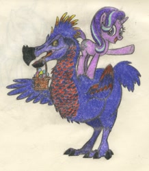 Size: 1145x1313 | Tagged: safe, artist:smcho1014, deleted from derpibooru, imported from derpibooru, starlight glimmer, bird, pony, unicorn, basket, beak hold, colored pencil drawing, cute, death dodo, dodo, duo, easter, easter basket, easter egg, female, glimmerbetes, happy easter, holiday, looking at you, male, mare, mouth hold, open mouth, smiling, spread wings, traditional art, waving, wing hands, wings