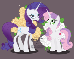 Size: 1386x1100 | Tagged: safe, artist:tiffanymarsou, imported from derpibooru, rarity, sweetie belle, pony, unicorn, alternate design, concave belly, female, flower, height difference, looking at you, older, older rarity, older sweetie belle, physique difference, sisters, slim, thin