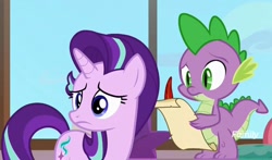 Size: 1692x996 | Tagged: safe, imported from derpibooru, screencap, spike, starlight glimmer, school daze, discovery family logo, quill, raised eyebrow, scroll, worried