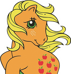 Size: 363x381 | Tagged: safe, imported from derpibooru, applejack (g1), pony, female, g1, official, simple background, solo, transparent background, windswept mane