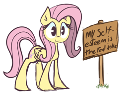 Size: 1280x969 | Tagged: safe, artist:lilboulder, imported from derpibooru, fluttershy, pegasus, pony, april fools, female, folded wings, looking at you, mare, road sign, self deprecation, sign, simple background, smiling, solo, text, white background