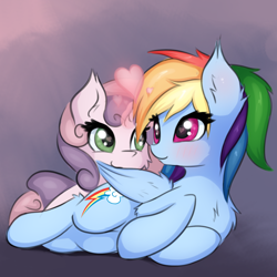 Size: 1500x1500 | Tagged: safe, artist:twiren, imported from derpibooru, rainbow dash, sweetie belle, pegasus, pony, age difference, backwards cutie mark, blushing, female, filly, heart, heart eyes, lesbian, mare, preening, shipping, sweetiedash, wingding eyes