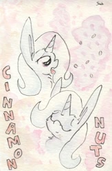 Size: 688x1057 | Tagged: safe, artist:slightlyshade, imported from derpibooru, trixie, pony, unicorn, bust, cinnamon nuts, eyes closed, female, food, horn, magic, mare, portrait, profile, solo, telekinesis, tongue out, traditional art, watercolor painting