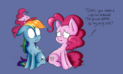 Size: 1518x918 | Tagged: safe, artist:drawbauchery, imported from derpibooru, pinkie pie, rainbow dash, earth pony, pegasus, pony, concerned, dialogue, drugs, looking at each other, sad, simple background, sitting, surprised, watermark, wide eyes