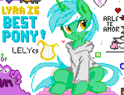 Size: 569x437 | Tagged: artist needed, safe, artist:ambris, imported from derpibooru, lyra heartstrings, smooze, unicorn, blushing, clothes, explicit source, hoodie, looking back, lyre, meme, pixel art, pixelcanvas, sitting, sitting lyra