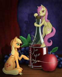 Size: 2511x3103 | Tagged: safe, artist:dezdark, imported from derpibooru, applejack, fluttershy, bat pony, earth pony, pony, apple, bottle, clinging, cowboy hat, female, flutterbat, food, hat, looking at you, mare, micro, race swap, rope, stetson, wine bottle