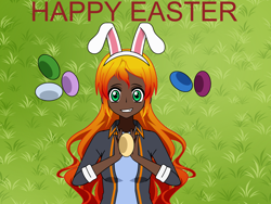 Size: 2000x1500 | Tagged: safe, artist:icey-wicey-1517 kisekae, artist:icicle-wicicle-1517 kisekae, imported from derpibooru, sunset shimmer, human, alternate hairstyle, bunny ears, cute, dark skin, easter, easter egg, female, grass, holiday, humanized, kisekae, shimmerbetes, solo, sunny bunny