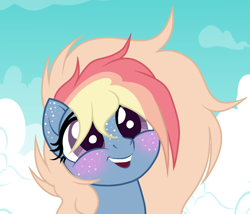 Size: 1024x876 | Tagged: safe, artist:mintoria, imported from derpibooru, oc, oc only, oc:comet dust, pony, base used, blushing, bust, cloud, female, freckles, mare, movie accurate, not rainbow dash, rainbow hair, solo