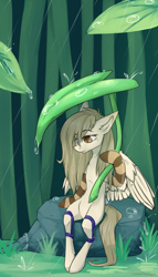 Size: 1200x2100 | Tagged: safe, artist:lonerdemiurge_nail, imported from derpibooru, oc, oc only, oc:toy, pegasus, pony, clothes, female, leaf, leaf umbrella, looking down, mare, micro, rain, sitting, socks, solo, striped socks