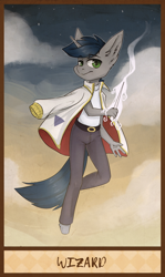 Size: 1264x2114 | Tagged: safe, artist:lonerdemiurge_nail, imported from derpibooru, oc, oc only, anthro, unicorn, clothes, jacket, pants, shirt, solo, tarot, tarot card, the wizard