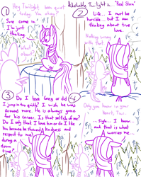 Size: 1280x1611 | Tagged: safe, artist:adorkabletwilightandfriends, imported from derpibooru, spike, twilight sparkle, alicorn, dragon, pony, comic:adorkable twilight and friends, adorkable twilight, back, bed, bedroom, comic, cute, dialogue, family, floppy ears, forest, future, implied oc, implied oc:greg, lineart, love, rain, relationships, sitting, slice of life, thinking, tree, twilight sparkle (alicorn), window