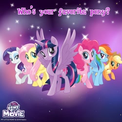 Size: 1080x1080 | Tagged: safe, imported from derpibooru, applejack, fluttershy, pinkie pie, rainbow dash, rarity, twilight sparkle, alicorn, my little pony: the movie, best pony, bronybait, favorite pony, mane six, my little pony logo, official, twilight sparkle (alicorn)