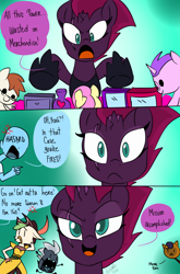 Size: 800x1214 | Tagged: safe, artist:emositecc, imported from derpibooru, capper dapperpaws, captain celaeno, grubber, tempest shadow, abyssinian, anthro, pony, unicorn, my little pony: the movie, anthro with ponies, broken horn, comic, eye scar, female, green background, hasbro, hat, male, mare, pirate hat, scar, simple background