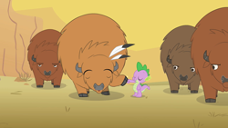 Size: 1280x720 | Tagged: safe, imported from derpibooru, screencap, spike, buffalo, dragon, over a barrel, cloven hooves, desert, eyes closed, feather, hoofbump