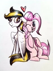 Size: 3024x4032 | Tagged: safe, artist:smirk, imported from derpibooru, pinkie pie, oc, oc:fallout, pegasus, pony, heart, male, request, sitting, stallion, traditional art