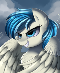 Size: 1446x1764 | Tagged: safe, artist:pridark, imported from derpibooru, oc, oc only, oc:lirae, pegasus, pony, bust, chest fluff, cloud, commission, ear fluff, female, flying, gritted teeth, mare, portrait, solo, spread wings, thunderstorm, wings