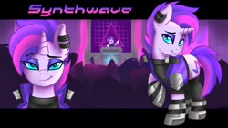 Size: 1920x1080 | Tagged: safe, artist:ciderpunk, imported from derpibooru, oc, oc only, oc:synthwave, pony, unicorn, audience, blue eyes, clothes, concert, disc jockey, female, looking at you, mare, raised hoof, solo, turntable, wallpaper