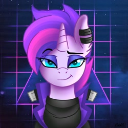 Size: 3800x3800 | Tagged: safe, artist:ciderpunk, imported from derpibooru, oc, oc only, oc:synthwave, pony, unicorn, blue eyes, clothes, cyberpunk, female, looking at you, mare, solo, synthwave