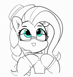 Size: 1280x1341 | Tagged: safe, artist:pabbley, imported from derpibooru, fluttershy, fake it 'til you make it, 30 minute art challenge, clothes, cute, female, hipstershy, mare, monochrome, shyabetes, simple background, sketch, smiling, solo, tongue out, white background