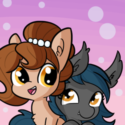 Size: 3300x3300 | Tagged: safe, artist:tjpones, imported from derpibooru, oc, oc only, oc:brownie bun, oc:speck, bat pony, earth pony, pony, abstract background, bat pony oc, bust, chest fluff, commission, duo, ear fluff, female, mare