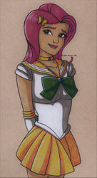 Size: 803x1477 | Tagged: safe, artist:fires-storm, imported from derpibooru, part of a set, fluttershy, human, adorable face, anime, beautiful, clothes, crossover, cute, female, hands behind back, humanized, lipstick, pink lipstick, sailor kindness, sailor moon, sailor scout, shyabetes, solo, traditional art, woman