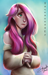 Size: 564x866 | Tagged: safe, artist:bunsogen, imported from derpibooru, fluttershy, human, clothes, female, hair over one eye, humanized, sad, signature, solo