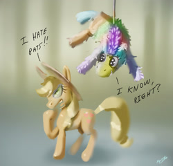 Size: 2458x2356 | Tagged: safe, artist:hecc95, imported from derpibooru, applejack, earth pony, pony, bats!, discordant harmony, cowboy hat, dialogue, female, hat, mare, piñata, pun, stetson, this will end in angry countryisms, this will end in pain and/or angry countryisms