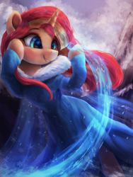 Size: 2250x3000 | Tagged: safe, artist:vanillaghosties, imported from derpibooru, sunset shimmer, pony, unicorn, clothes, crossover, cute, disney, dress, female, frozen (movie), ice, magic, mare, not fiery shimmer, shimmerbetes, smiling, solo