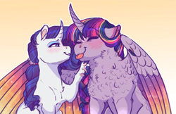 Size: 5100x3300 | Tagged: safe, artist:earthsong9405, imported from derpibooru, rarity, twilight sparkle, alicorn, pony, unicorn, :p, :t, blushing, braid, chest fluff, colored hooves, colored wings, colored wingtips, curved horn, cute, duo, eyes closed, female, finger hooves, floppy ears, fluffy, gradient background, grin, hug, leg fluff, lesbian, lidded eyes, mare, multicolored wings, paws, paws on pony, rarilight, shipping, shoulder fluff, silly, simple background, sitting, smiling, sparkles, spread wings, starry wings, stars, tongue out, twiabetes, twilight sparkle (alicorn), wing claws, wing fluff, winghug, wings, yellow background