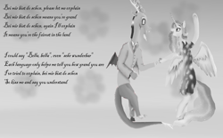 Size: 2886x1787 | Tagged: safe, artist:mr100dragon100, imported from derpibooru, discord, princess celestia, bipedal, clothes, dancing, dislestia, dress, female, grayscale, male, monochrome, shipping, song, straight, suit