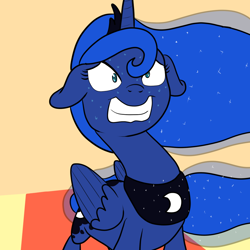 Size: 1000x1000 | Tagged: safe, artist:bennimarru, imported from derpibooru, princess luna, pony, female, floppy ears, forced smile, smiling, socially awkward, solo, sweat, wide eyes