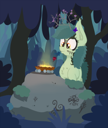 Size: 2697x3192 | Tagged: safe, artist:paskanaakka, imported from derpibooru, oc, oc only, oc:bittergreen, earth pony, pony, chest fluff, ear fluff, female, fire, flower, flower in hair, forest, mare, mouth hold, night, nose wrinkle, ritual, rock, runes, solo, tree