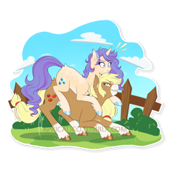 Size: 800x800 | Tagged: safe, artist:feellikeaplat, imported from derpibooru, applejack, rarity, earth pony, pony, unicorn, equestria girls, alternate design, colored hooves, duo, equestria girls ponified, female, fence, lesbian, mare, ponies riding ponies, ponified, rarijack, shipping, simple background, socks (coat marking), socks (coat markings), star (coat marking), surprised, transparent background