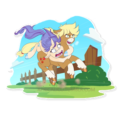 Size: 800x800 | Tagged: safe, artist:feellikeaplat, imported from derpibooru, applejack, rarity, earth pony, pony, unicorn, equestria girls, alternate design, colored hooves, duo, equestria girls ponified, female, fence, galloping, lesbian, mare, ponies riding ponies, ponified, rarijack, shipping, simple background, socks (coat marking), socks (coat markings), star (coat marking), transparent background