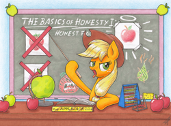 Size: 4170x3090 | Tagged: safe, artist:xeviousgreenii, imported from derpibooru, applejack, earth pony, pony, school daze, abacus, absurd file size, apple, applejack's hat, attack of the killer tomatoes, biased, book, chalkboard, cheese, cowboy hat, female, food, globe, grapes, halo, hat, newton's cradle, out of character, pear, pointer, scene interpretation, solo, sponge, strawberry, teacher, that pony sure does hate pears, that pony sure does hate strawberries, that pony sure does love apples, tongue out