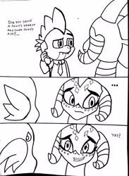 Size: 2448x3344 | Tagged: artist needed, source needed, safe, imported from derpibooru, princess ember, spike, dragon, pony, ass, black and white, bust, butt, clothes, comic, emberspike, female, grayscale, hancock, lawyer, male, monochrome, movie reference, page, prison, prison outfit, shipping, simple background, straight, sweat, sweatdrop, tsundember, tsundere, wat, white background