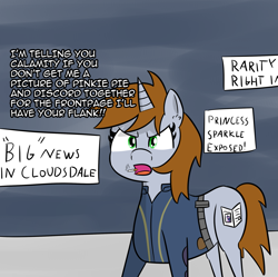 Size: 2129x2122 | Tagged: safe, artist:artiks, imported from derpibooru, oc, oc only, oc:littlepip, pony, unicorn, fallout equestria, alternate timeline, alternate universe, cigarette, clothes, dialogue, fanfic, fanfic art, female, horn, jumpsuit, mare, newspaper, smoking, solo, vault suit