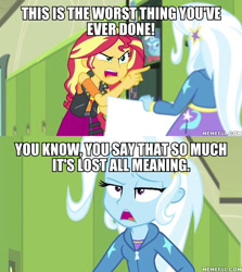 Size: 600x674 | Tagged: safe, edit, edited screencap, imported from derpibooru, screencap, sunset shimmer, trixie, equestria girls, equestria girls series, forgotten friendship, image macro, meme, memeful.com, the simpsons, trixie yells at everything