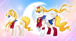 Size: 1200x644 | Tagged: safe, artist:norwlin, imported from derpibooru, alicorn, pony, unicorn, crossover, ponified, sailor moon, serena tsukino, tsukino usagi