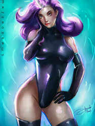 Size: 1200x1600 | Tagged: safe, artist:bunsogen, imported from derpibooru, rarity, human, breasts, busty rarity, clothes, evening gloves, female, gloves, humanized, latex, lipstick, long gloves, looking at you, one-piece swimsuit, signature, solo, swimsuit