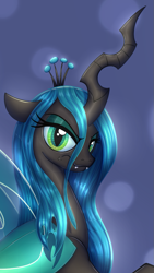 Size: 655x1159 | Tagged: safe, artist:badgerben, artist:evan555alpha, derpibooru exclusive, imported from derpibooru, queen chrysalis, changeling, changeling queen, angry, colored, cropped, female, looking at you, scowl, simple background