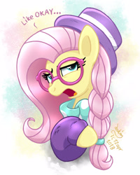 Size: 1000x1250 | Tagged: safe, artist:joakaha, imported from derpibooru, fluttershy, pony, fake it 'til you make it, clothes, dialogue, female, glasses, gradient background, hipster, hipstershy, open mouth, scarf, signature, solo