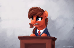 Size: 2305x1492 | Tagged: safe, artist:lollipony, artist:thefloatingtree, imported from derpibooru, oc, oc only, pony, abstract background, clothes, collaboration, courtroom, female, gavel, judge, mare, mouth hold, necktie, scared, solo, suit