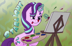 Size: 1024x661 | Tagged: safe, artist:cadetredshirt, imported from derpibooru, starlight glimmer, pony, unicorn, abstract background, concentrating, creation, dirty, easel, female, magic, mare, paint, paintbrush, painting, palette, solo, telekinesis, tongue out