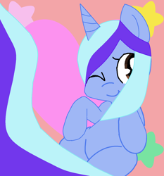 Size: 1246x1338 | Tagged: safe, artist:dewysartpage, imported from derpibooru, oc, oc only, unicorn, base used, on back, one eye closed, simple background, smiling, stars, wink