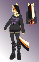 Size: 1616x2550 | Tagged: safe, artist:krowzivitch, imported from derpibooru, oc, oc only, oc:golden age, anthro, anthro oc, boots, clothes, goth, gradient background, hair tie, hairtie, jewelry, reference sheet, shoes, socks, solo, sweater