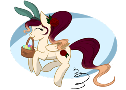 Size: 1024x737 | Tagged: safe, artist:cadetredshirt, imported from derpibooru, oc, oc only, oc:scarlet carnation, pegasus, pony, basket, bunny ears, easter, easter egg, flower, flower in hair, holiday, rose, simple background, solo, transparent background